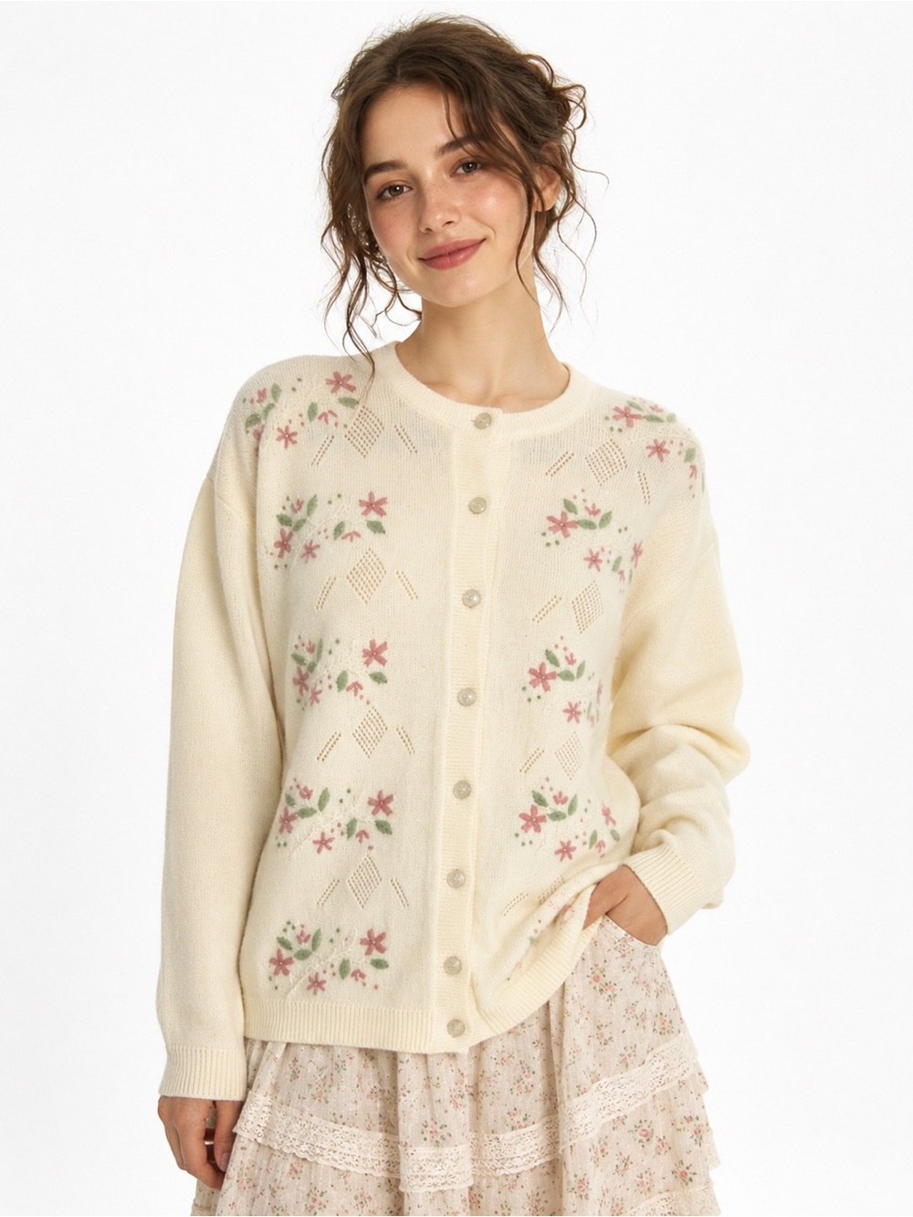 Cottagecore Floral Embroidered Cardigan Butter Yellow Earthy Forestcore Twee